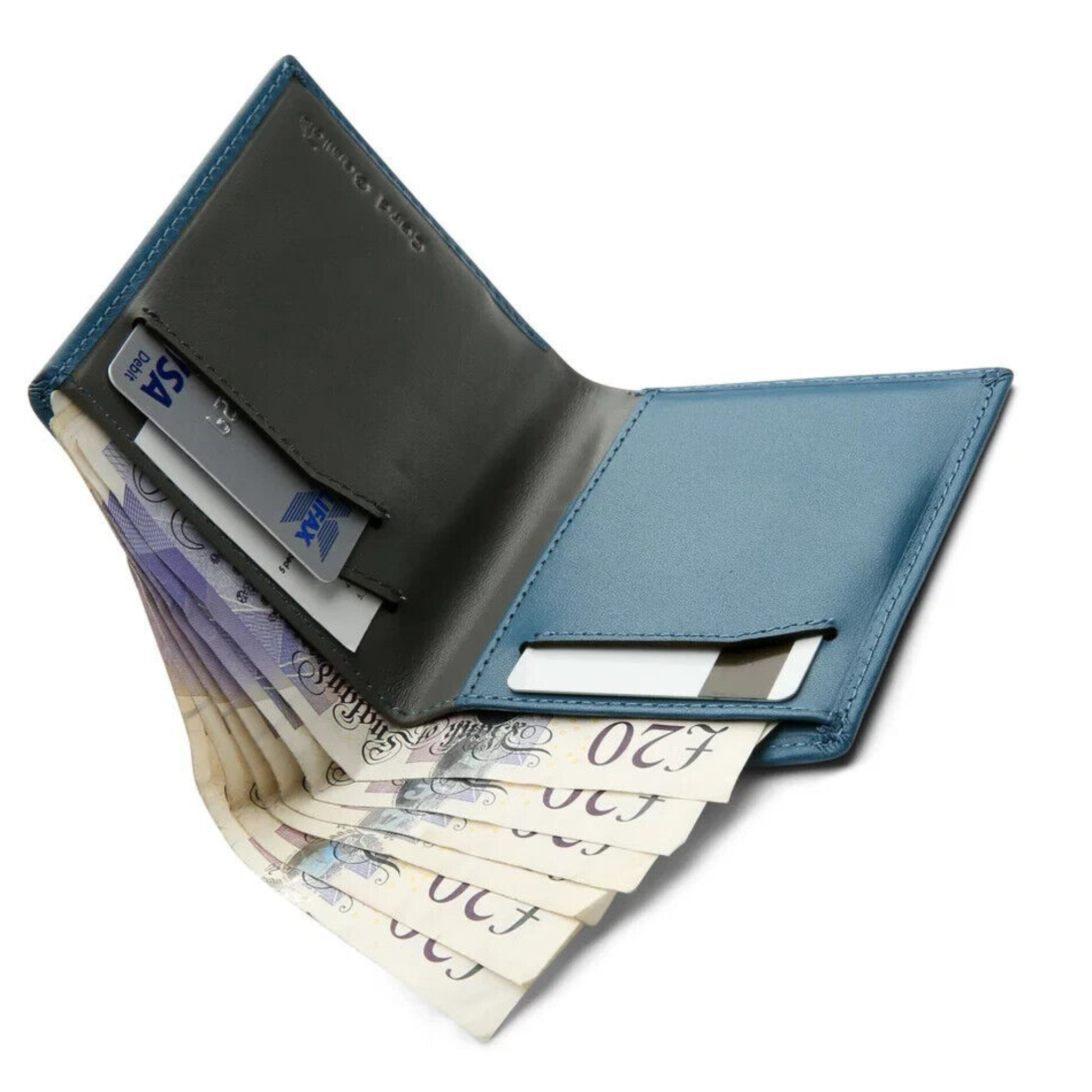 blue bifold wallet for men – open view