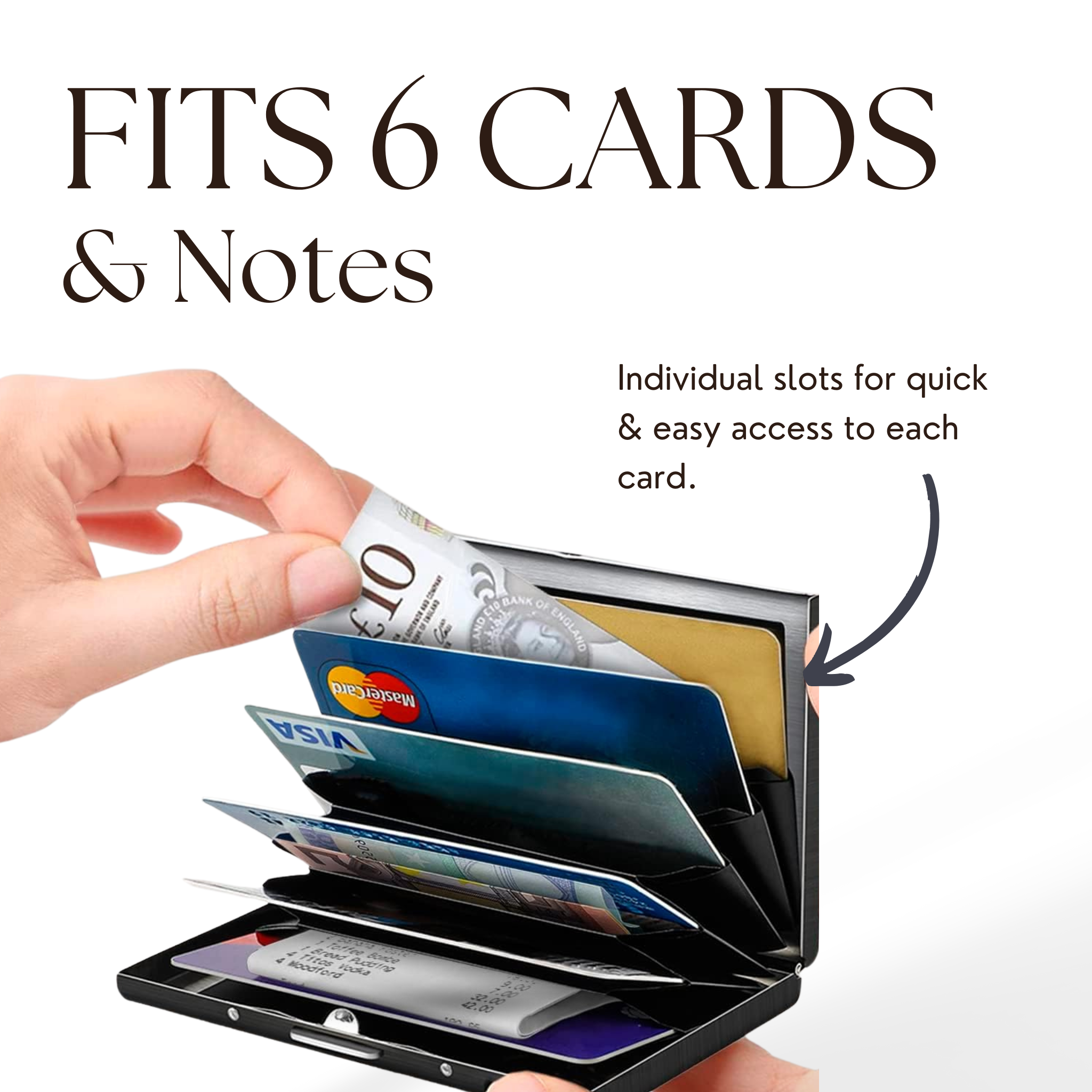 open stainless steel card case showing credit cards