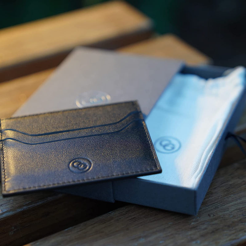 Black Leather Card Holder Wallet | Slim with RFID Blocking  - 5 Cards