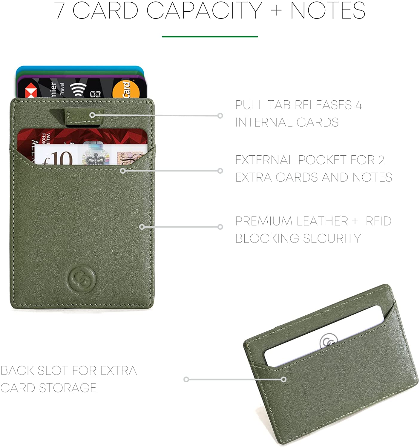 Card Genie Moss Vault - Leather Pull-tab Card Holder| 7 Cards & Cash