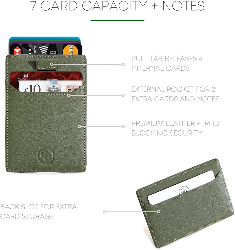 Green Leather Card Holder Wallet | Slim with RFID Blocking  with Pull-tab - 7 Cards
